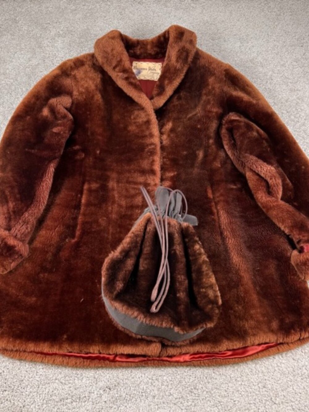 Vintage Williams Bros Women's Brown Mouton Real Fur Swing Coat Sheepskin w/ Bag